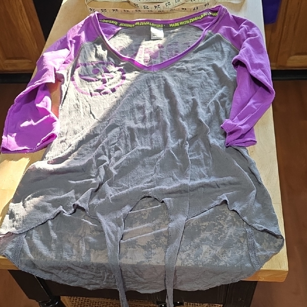 Zumba Fitness Purple and Gray Asymmetrical Tie Front Blouse